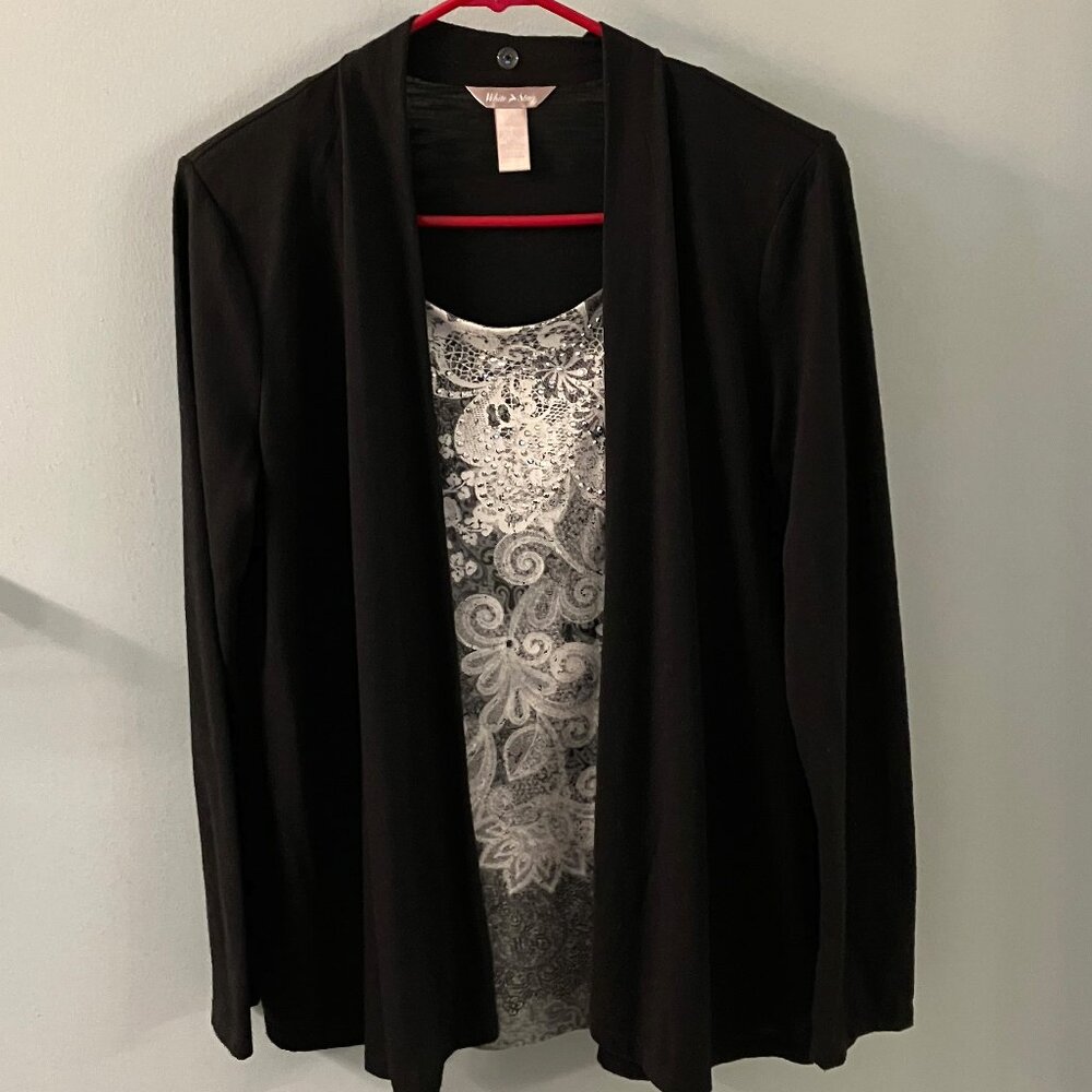 Womens White Stag Sweater Moch Layered Black Embellished Size Medium (8-10)